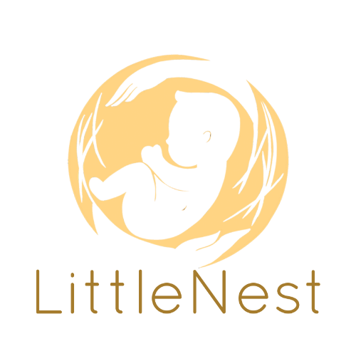 LittleNest logo – a minimalist design featuring a baby nestled safely inside a circular nest symbol, representing trust, care, and nurturing.